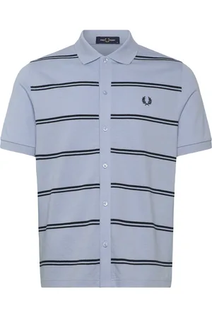 Fred Perry Striped Button Polo Tops Knitwear Short Sleeve Knitted Polos Blue