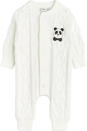 Mini Rodini Panda Texture Knit Baby Sie Bodies Long-sleeved White