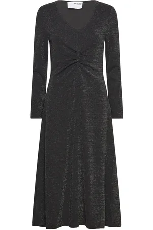 SELECTED Slfrue Ls Midi Glitter Dress Knælang Kjole Black