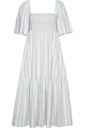Ganni Stripe Seersucker Ruffle Midi Dress Knælang Kjole Blue