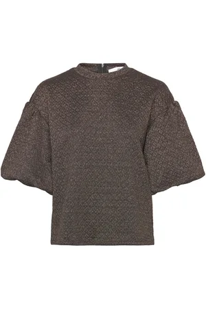 SELECTED Slfagnethe 2/4 O-Neck Jaquard Top Tops Blouses Short-sleeved Brown