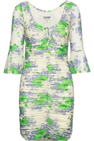 Ganni Printed Mesh U-Neck Ruched Mini Dress Kort Kjole Green