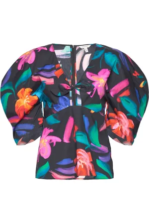 GANT Floral Print Volume Sleeve Blouse Tops Blouses Short-sleeved Black