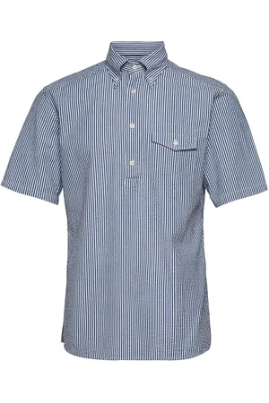 Eton Navy Striped Seersucker Short Sleeve Popover Shirt Blue