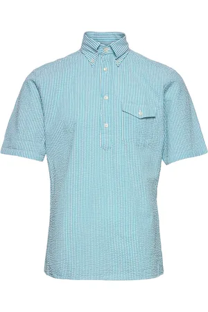 Eton Navy Striped Seersucker Short Sleeve Popover Shirt Green