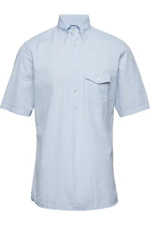 Eton Navy Striped Seersucker Short Sleeve Popover Shirt Blue