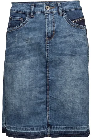 Cream Patched Denim Skirt Blue
