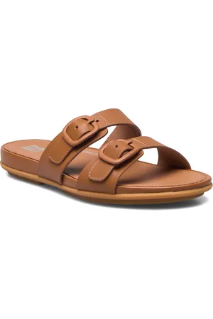 FitFlop Gracie Rubber-Buckle Two-Bar Leather Slides Brown