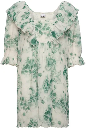 Ganni Pleated Georgette Ruffle Mini Dress Green