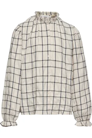 MANGO Check Cotton Blouse Cream