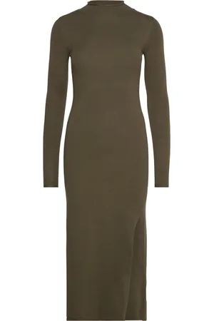 MANGO Knitted Dress With Side Slit Khaki
