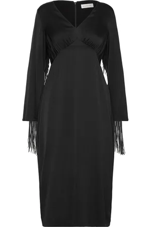 By Malina Sasha V-Neck Fringe Midi Dress Black