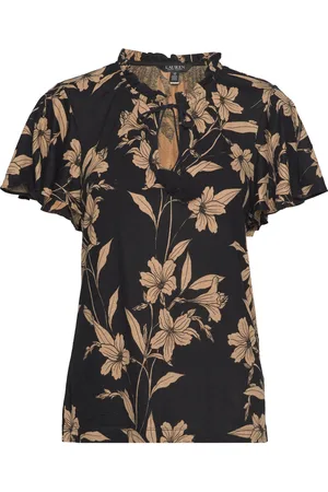 Ralph Lauren Floral Linen-Blend Jersey Tie-Neck Top Black