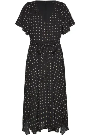 Ralph Lauren Geo-Print Crepe Flutter-Sleeve Dress Black