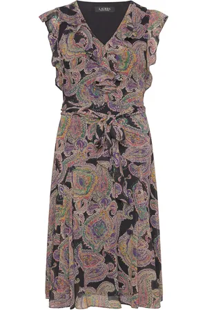 Ralph Lauren Paisley Belted Crinkle Georgette Dress Black