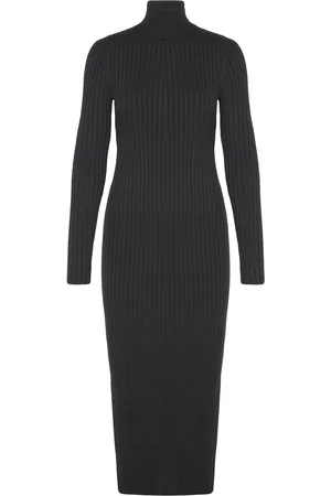 MANGO Turtleneck Ribbed Midi-Dress Black