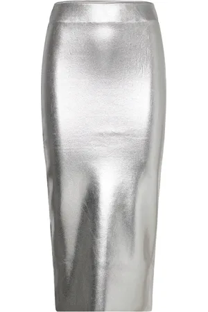 MANGO Metallic Midi Skirt Silver