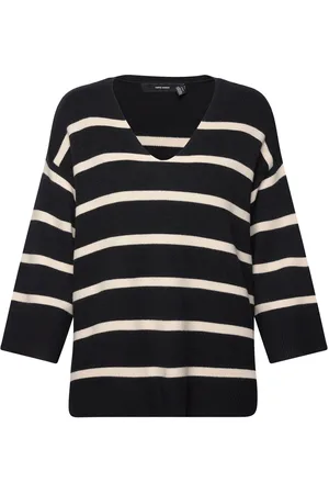VERO MODA Vmsaba 3/4 V-Nck Stripe Pullover Ga Noos Black