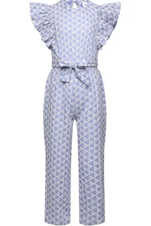 MANGO Ruffled Embroidered Jumpsuit Blue
