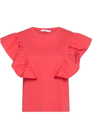 MANGO 100% Cotton T-Shirt With Ruffles Red