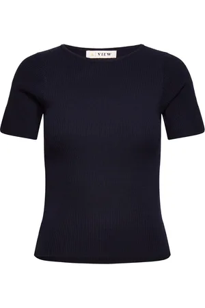 A-View Rib Knit Short Sleeve Top Navy