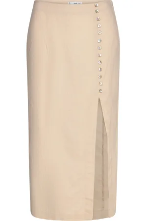 MANGO Linen Skirt With Slit Beige