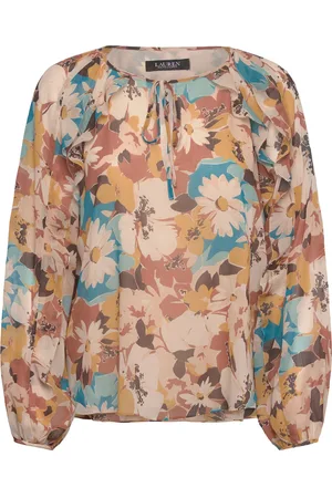 Ralph Lauren Floral Crinkle Georgette Tie-Neck Blouse Beige