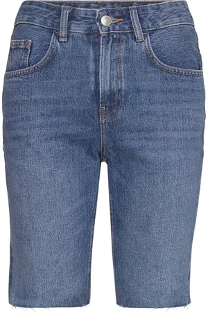 MANGO Denim Bermuda Shorts With Frayed Hem Blue