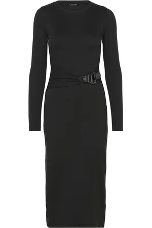 Ralph Lauren Buckle-Trim Cotton-Blend Knit Midi Dress Black
