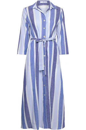 MANGO Belted Striped Shirt Dress Blue