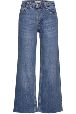 MANGO Wideleg Low Frayed Hem Jeans Blue