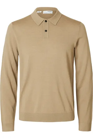 SELECTED Slhtray Ls Knit Merino Polo Noos Beige