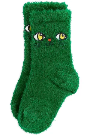 Mini Rodini Cat Face Fluffy Sock Green