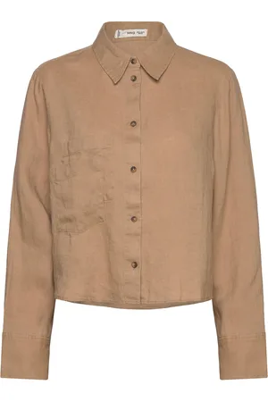MANGO Cropped Linen Shirt Brown