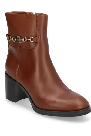 Tommy Hilfiger Th Chain Leather Mid Heel Bootie Brown