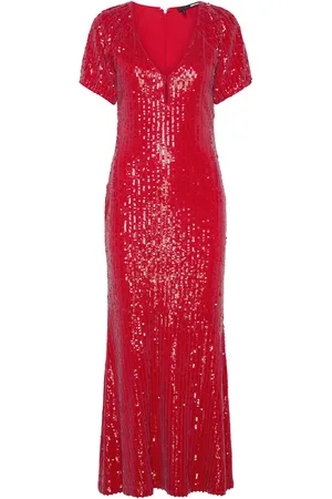 ROTATE Sequins Midi V-Neck Dress Red