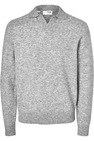 SELECTED Slhrai Ls Knit Open Polo Grey