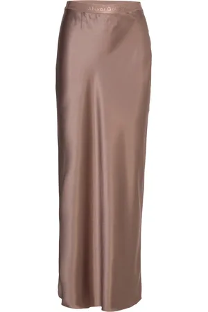 Ahlvar Gallery Hana Long Logo Satin Skirt Brown