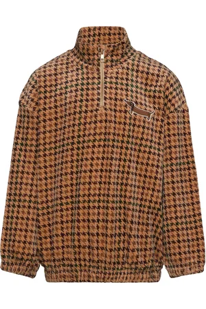 Mini Rodini Dog Houndstooth Aop Velour Halfzip Sweatshirt Brown