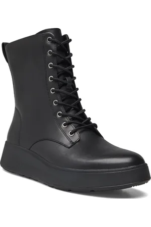 FitFlop F-Mode Leather Lace-Up Flatform Ankle Boots Black