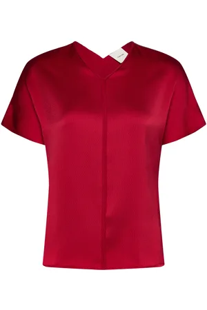 Calvin Klein Hammered Satin V Neck Ss Blouse Red