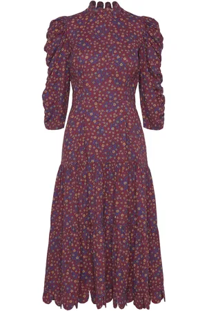 Stella Nova Printed Maxi Dress With Waist Focus Burgundy