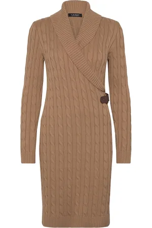 Ralph Lauren Cable-Knit Buckle-Trim Sweater Dress Beige