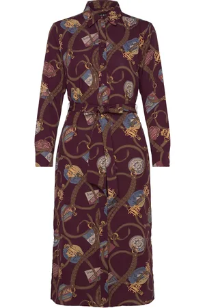 Ralph Lauren Belting-Print Crepe Shirtdress Burgundy