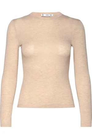 MANGO Round-Neck Long-Sleeved T-Shirt Beige