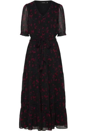 Ralph Lauren Floral Belted Crinkle Georgette Dress Black