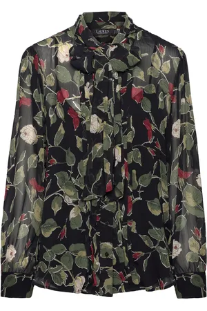Ralph Lauren Floral Crinkle Georgette Tie-Neck Blouse Black