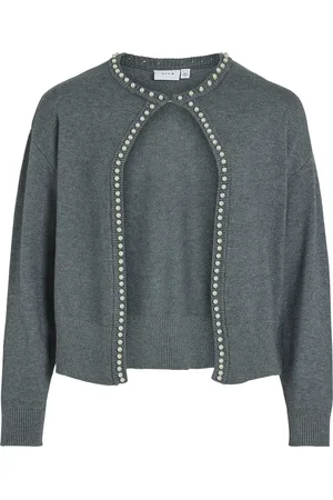 VILA Vizafina L/S O-Neck Pearl Knit Cardigan Grey
