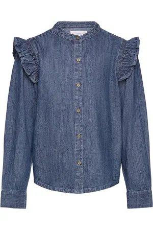 MANGO Ruffled Denim Shirt Blue