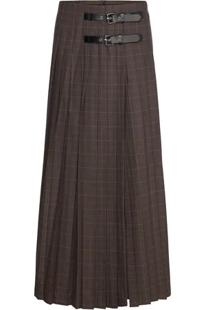 MANGO Pleated Check Skirt Brown